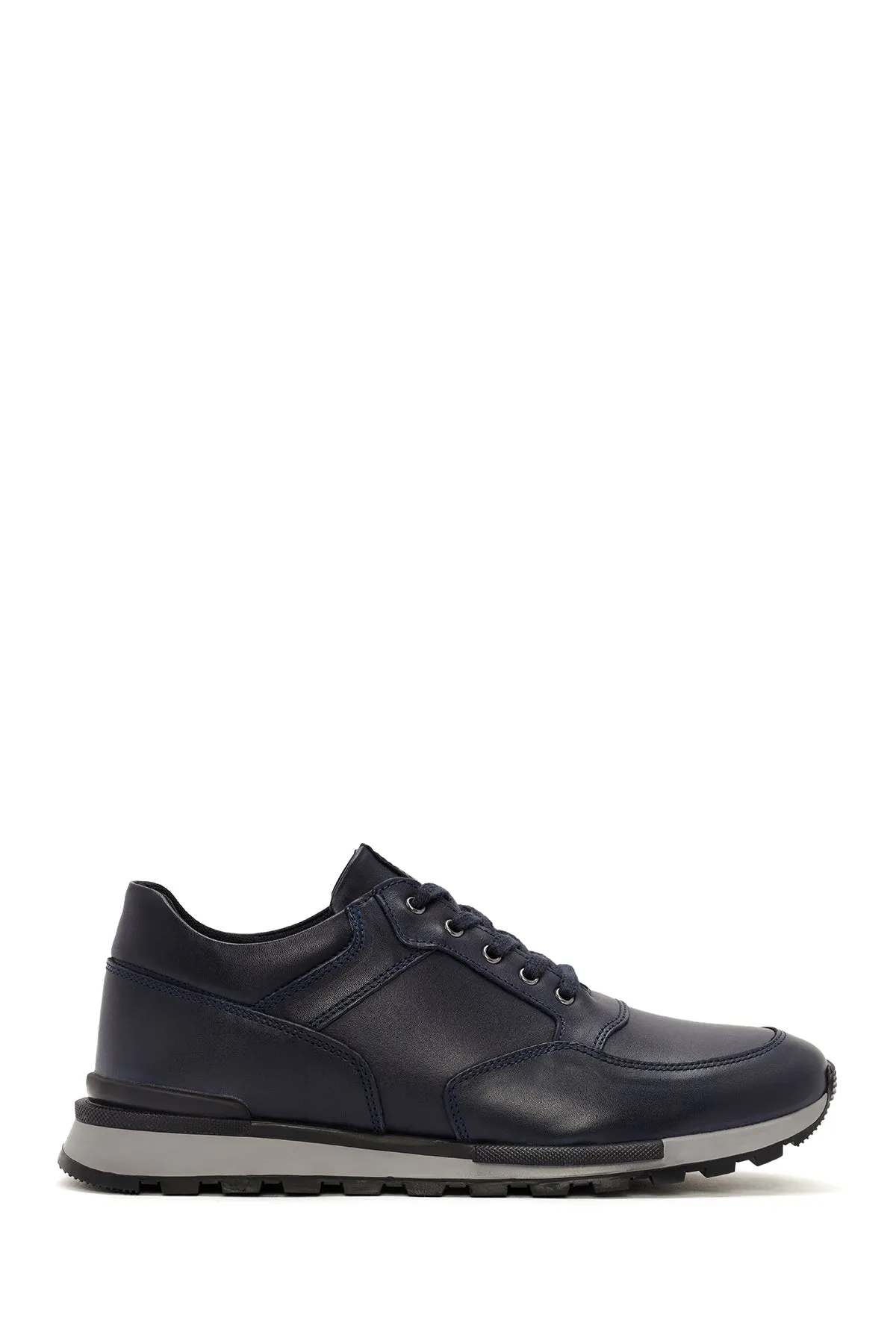 Erkek Lacivert Bağcıklı Deri Casual Sneaker