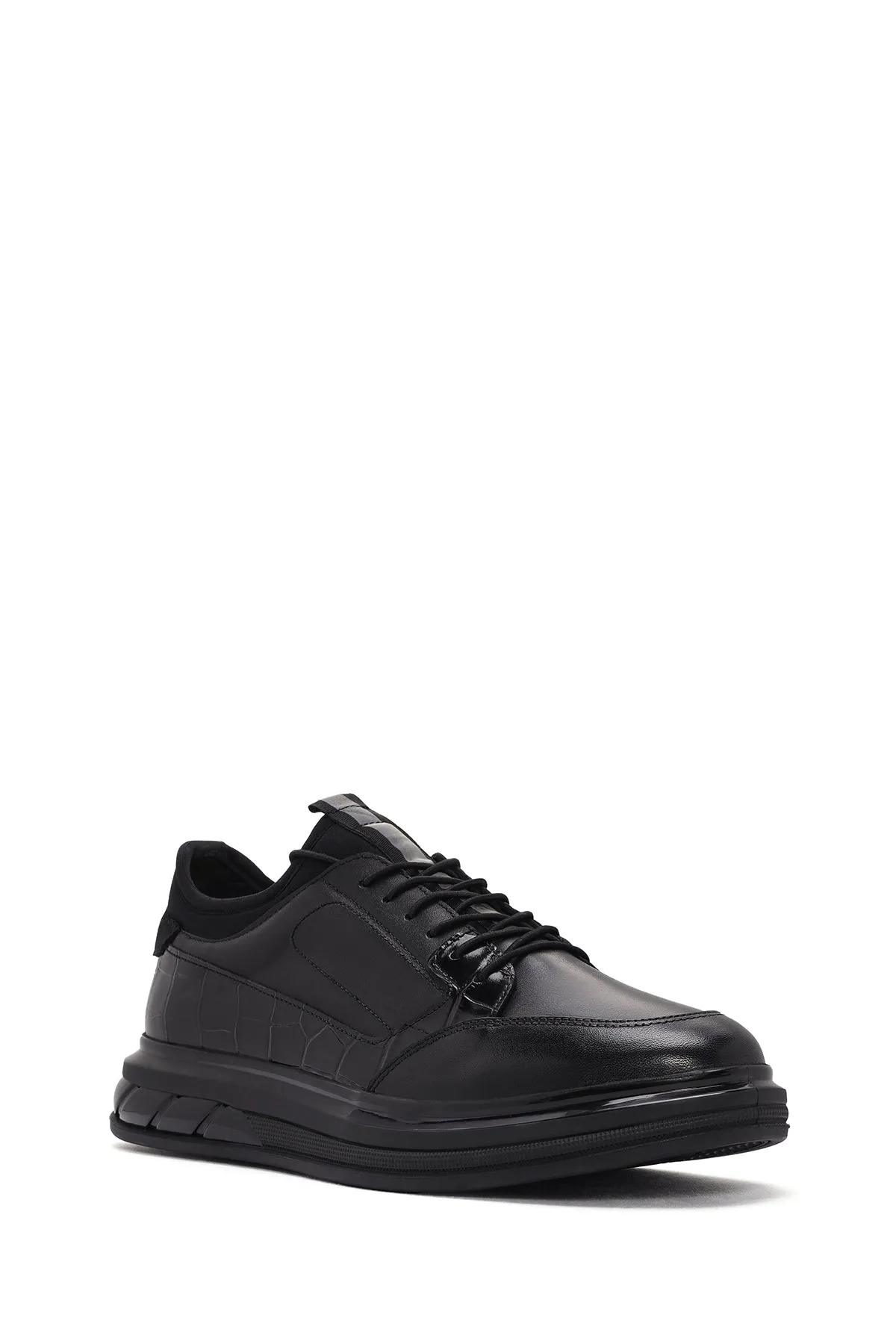 Erkek Siyah Bağcıklı Deri Casual Sneaker