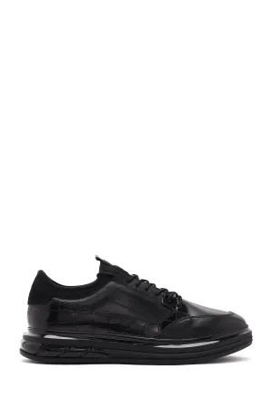Erkek Siyah Bağcıklı Deri Casual Sneaker