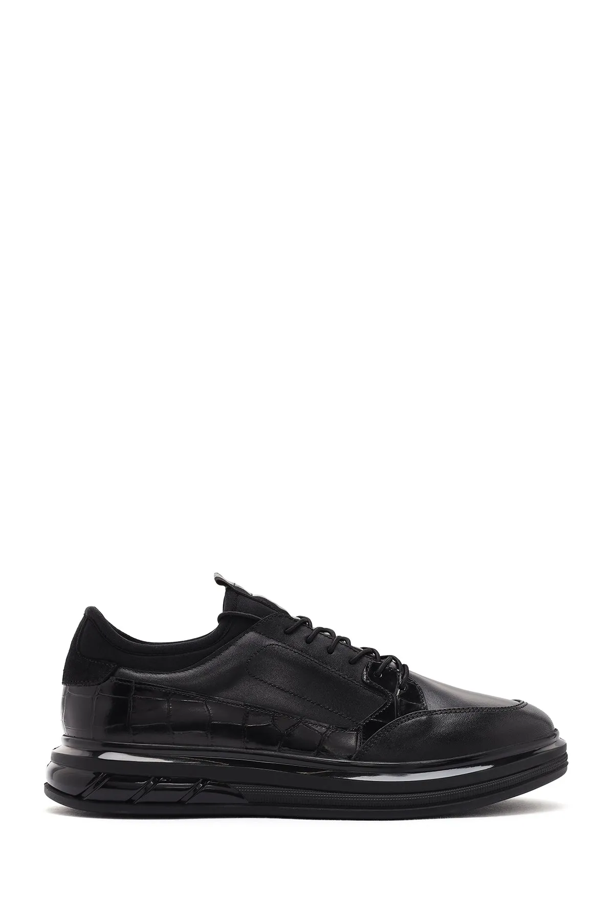 Erkek Siyah Bağcıklı Deri Casual Sneaker