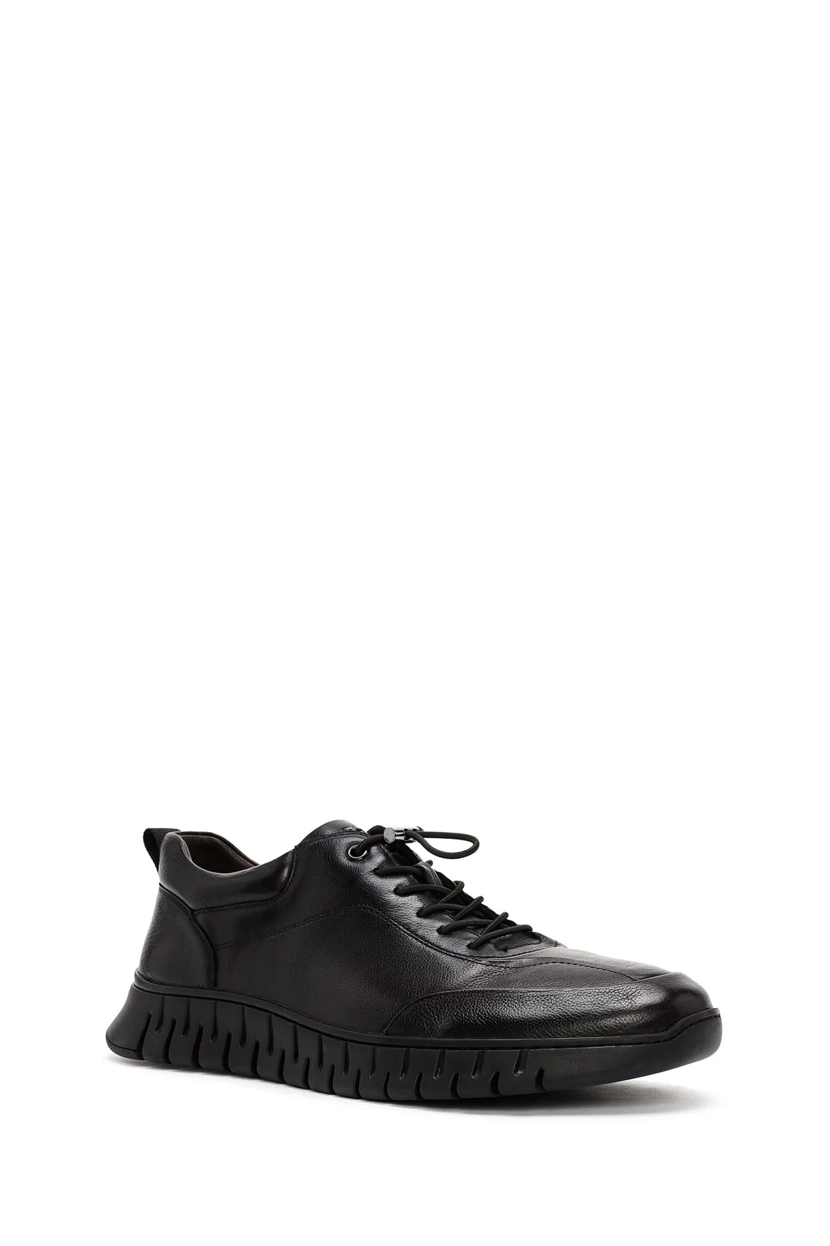 Erkek Siyah Bağcıklı Deri Casual Sneaker