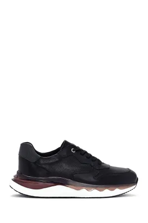 Erkek Siyah Bağcıklı Kalın Tabanlı Deri Casual Sneaker
