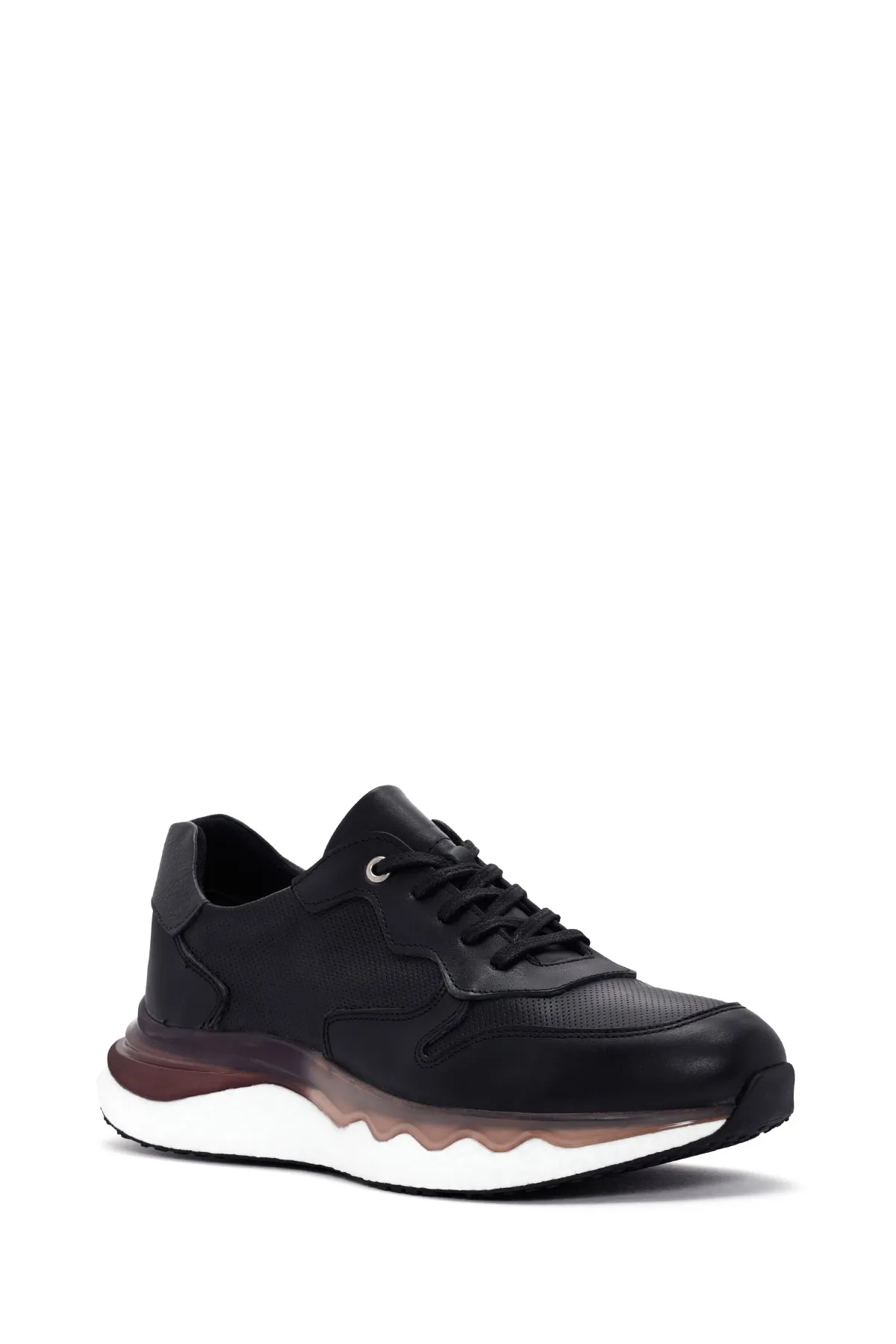 Erkek Siyah Bağcıklı Kalın Tabanlı Deri Casual Sneaker