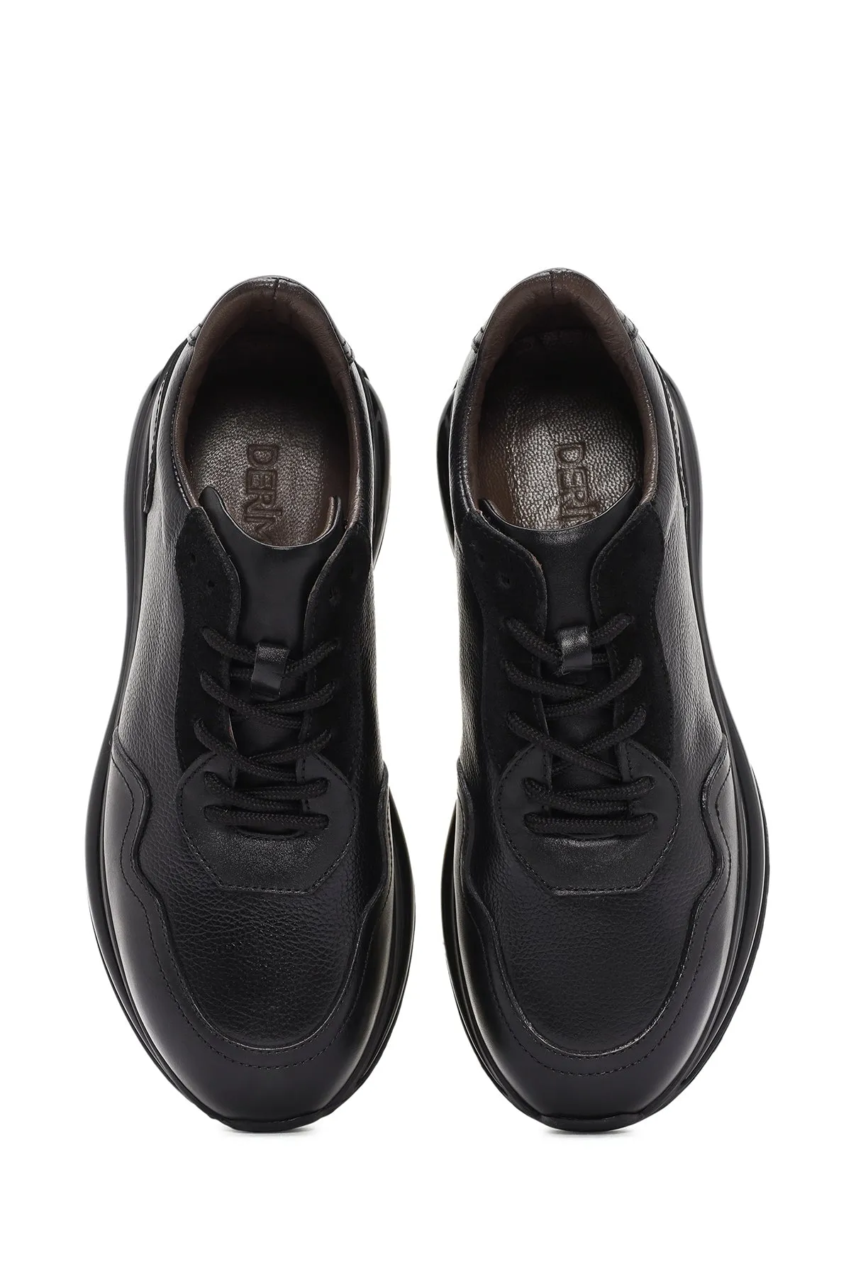 Erkek Siyah Kalın Tabanlı Bağcıklı Deri Casual Sneaker