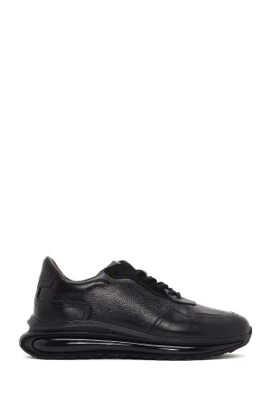 Erkek Siyah Kalın Tabanlı Bağcıklı Deri Casual Sneaker
