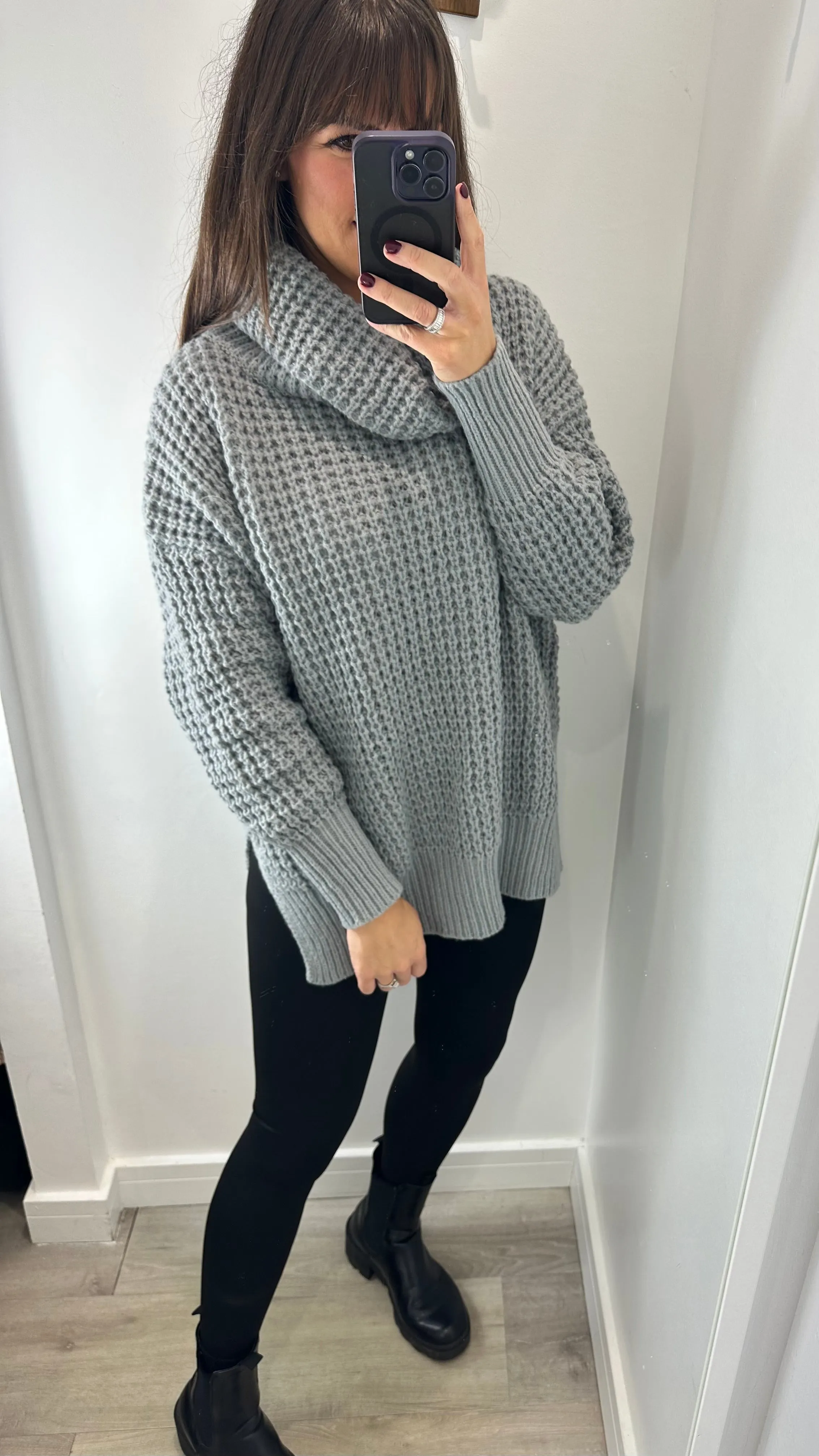 GREY WAFFLE ROLL NECK JUMPER