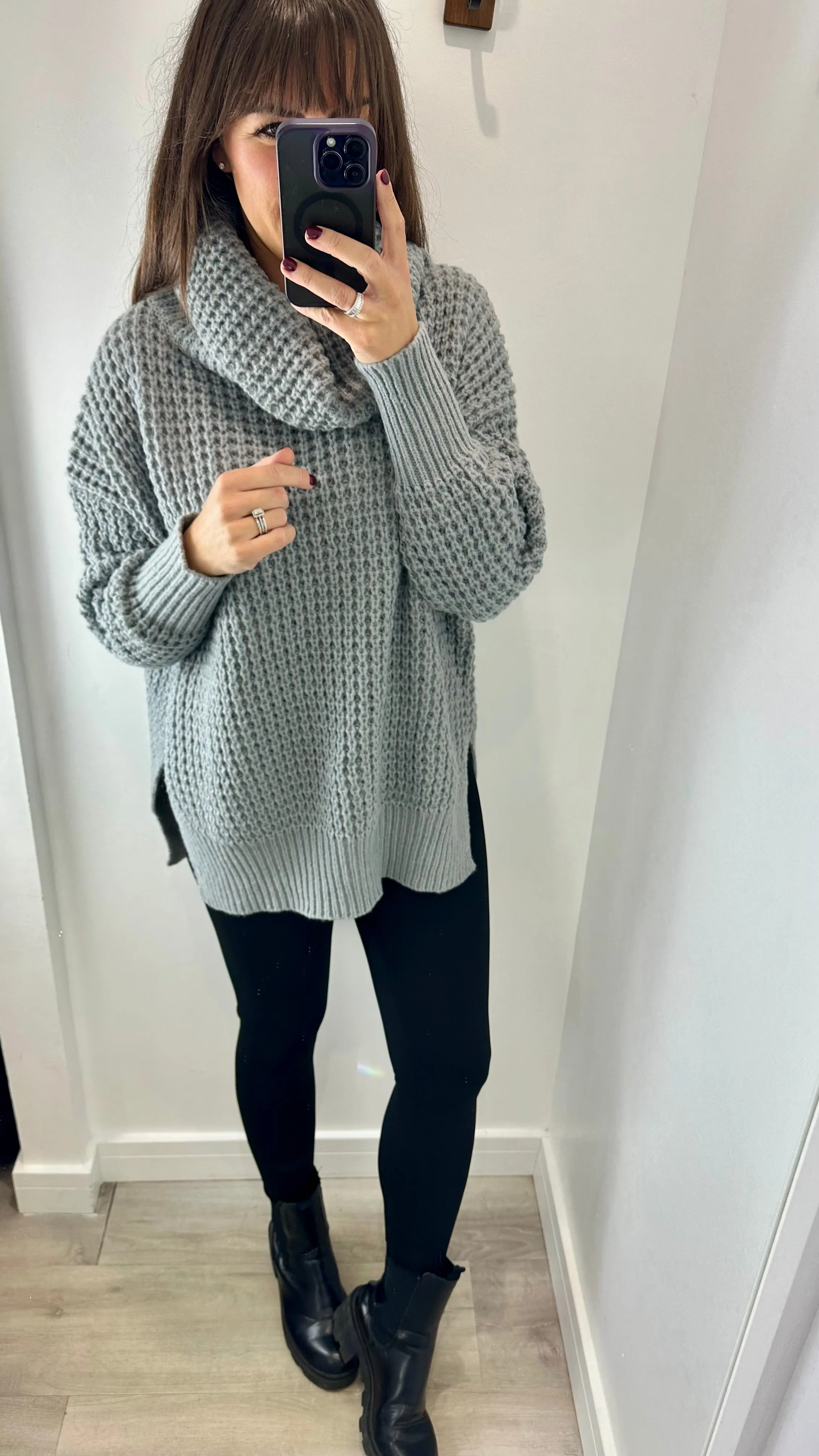 GREY WAFFLE ROLL NECK JUMPER
