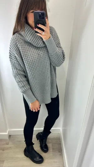 GREY WAFFLE ROLL NECK JUMPER