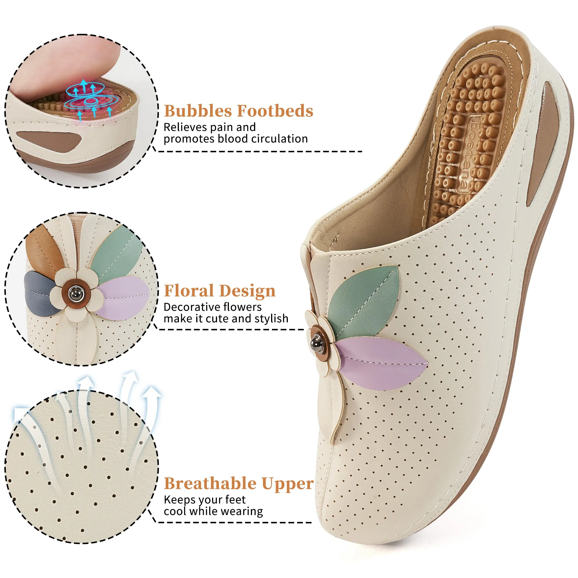 HARENC™Clogs for Women Shoes Slip on Leather Mules Sneakers Casual Summer Wedge Sandals Comfortable Travel Clogs Indoor Outdoor Mules
