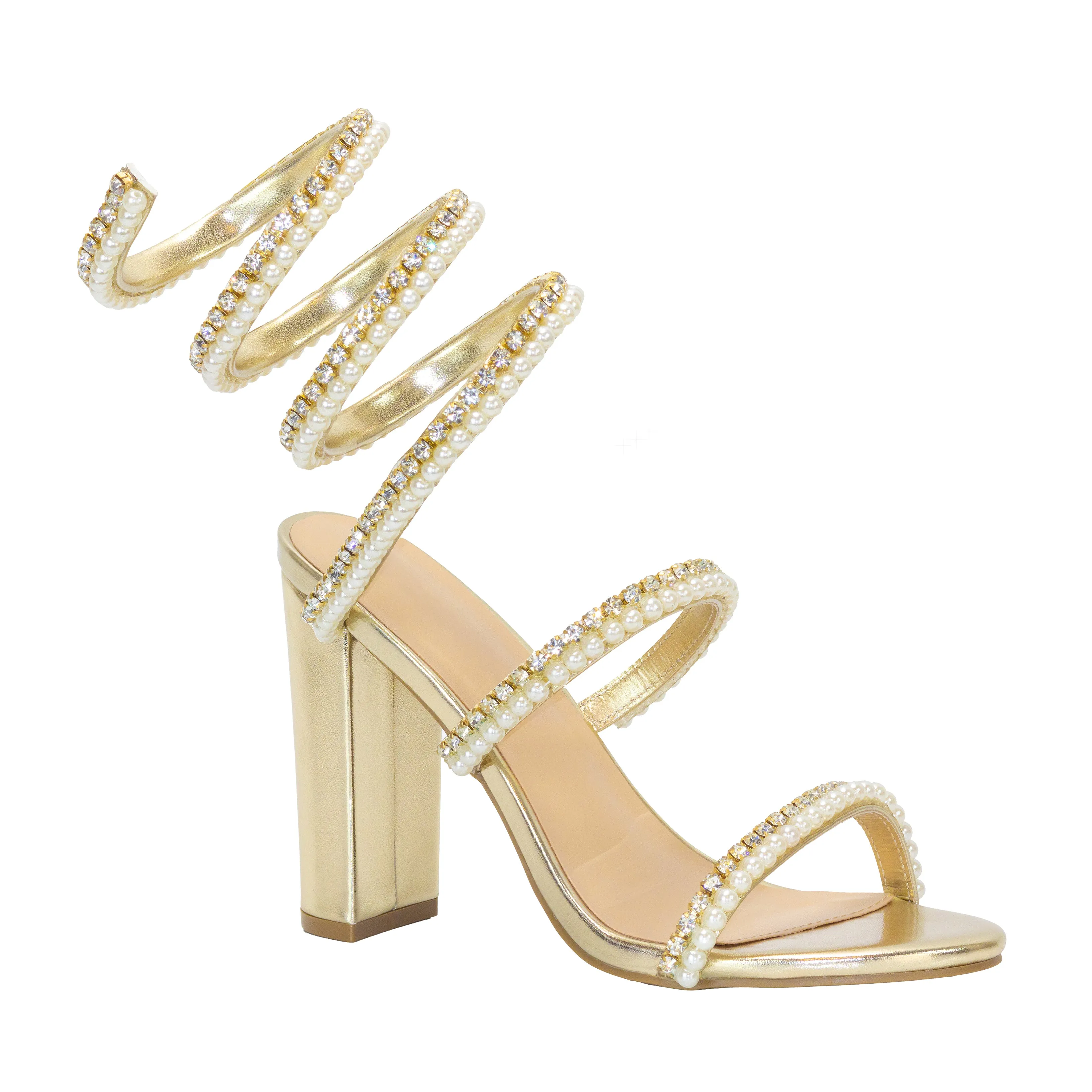 Hausa - Embellished Block Heels, Spiral Coil Strap with Rhinestones & Pearls, Perfect for Adding Luxury to Your Look