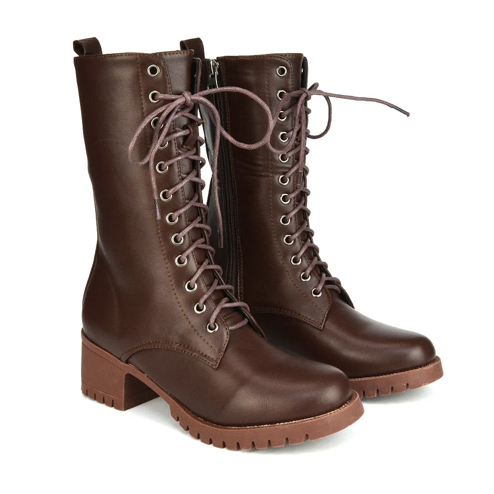 Jennifer Mid Calf Chunky Block Low Heel Lace Up Biker Boots in Black Synthetic Leather