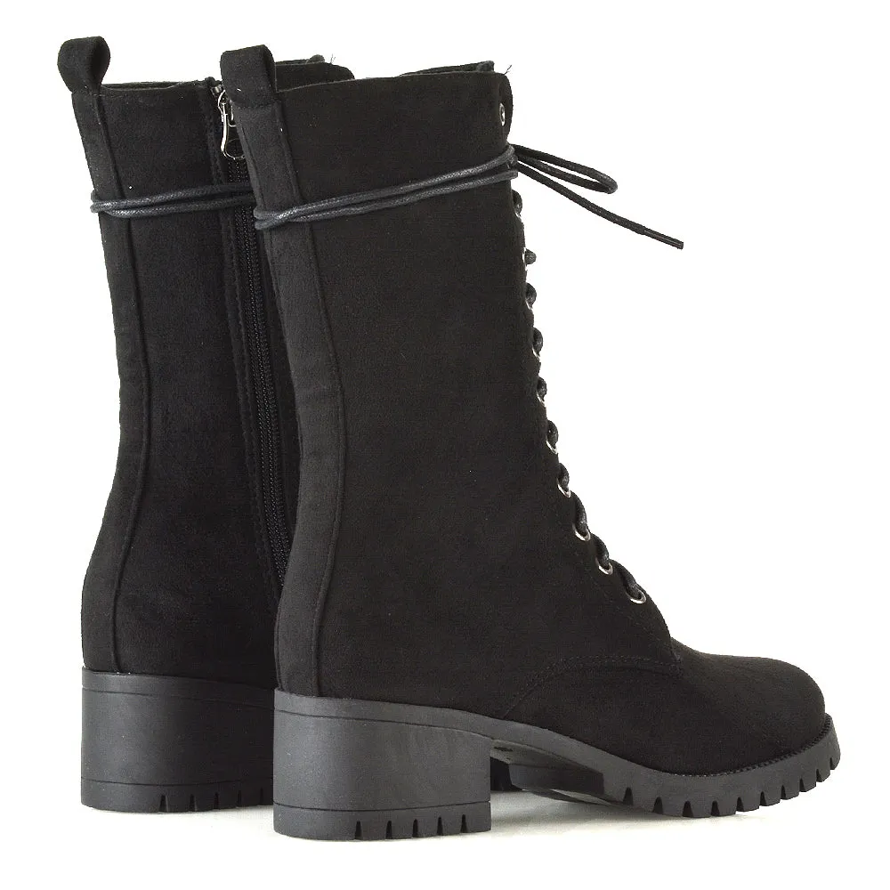 Jennifer Mid Calf Chunky Block Low Heel Lace Up Biker Boots in Black Synthetic Leather