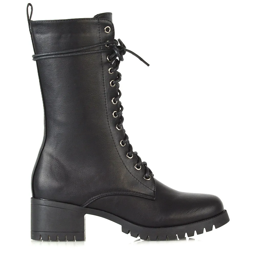 Jennifer Mid Calf Chunky Block Low Heel Lace Up Biker Boots in Black Synthetic Leather