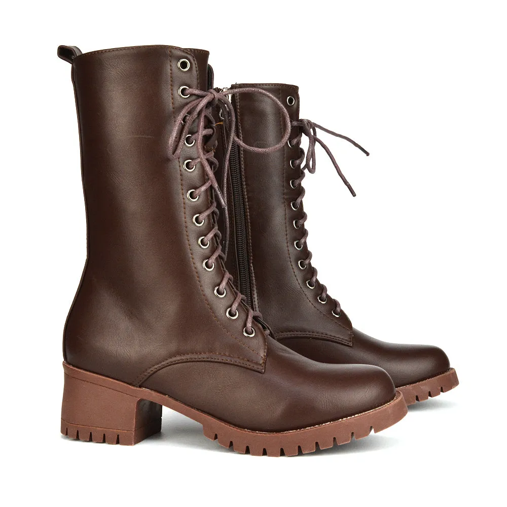 Jennifer Mid Calf Chunky Block Low Heel Lace Up Biker Boots in Black Synthetic Leather