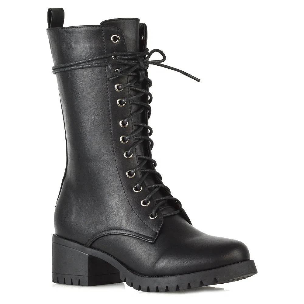 Jennifer Mid Calf Chunky Block Low Heel Lace Up Biker Boots in Black Synthetic Leather