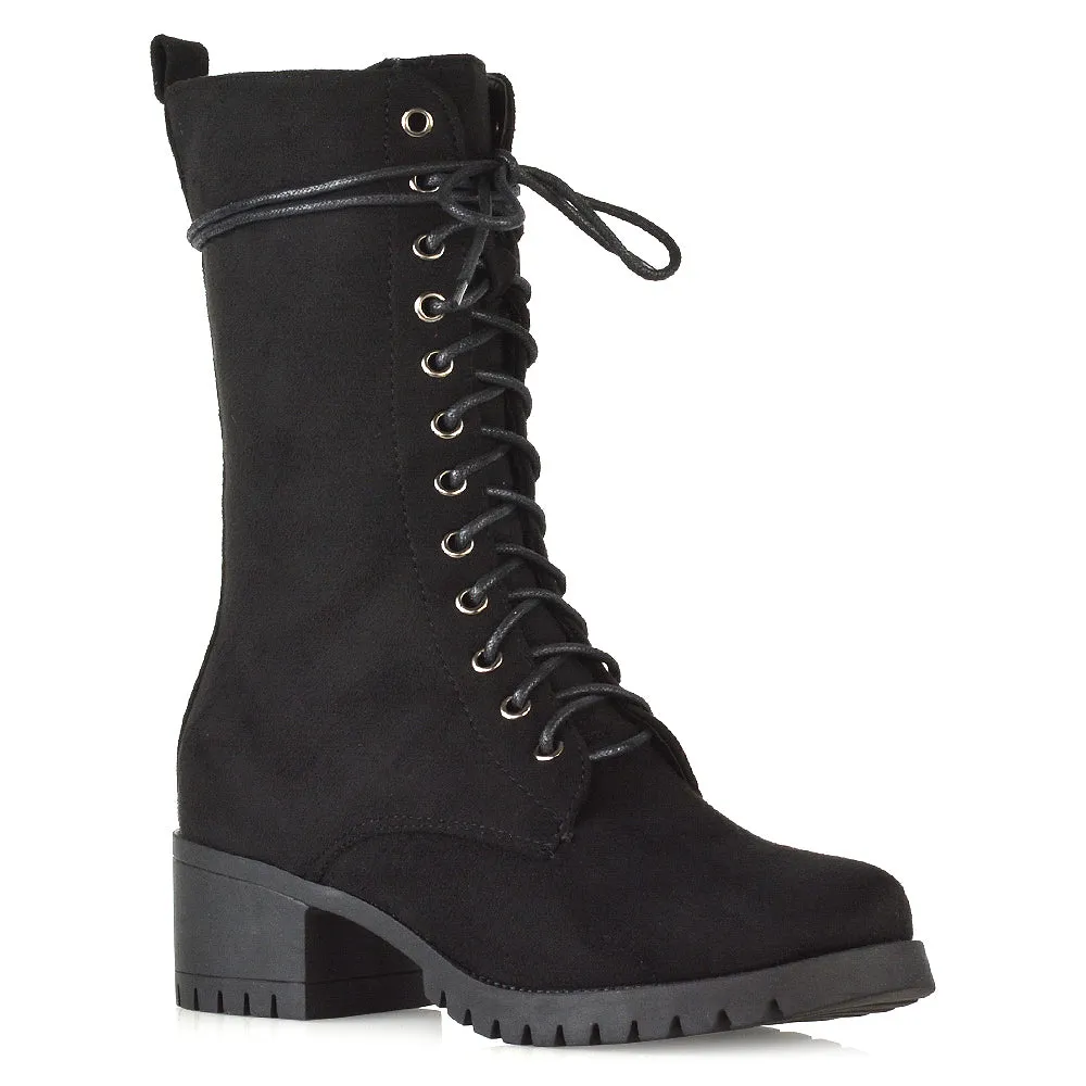 Jennifer Mid Calf Chunky Block Low Heel Lace Up Biker Boots in Black Synthetic Leather