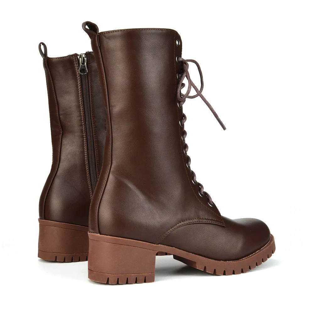 Jennifer Mid Calf Chunky Block Low Heel Lace Up Biker Boots in Black Synthetic Leather