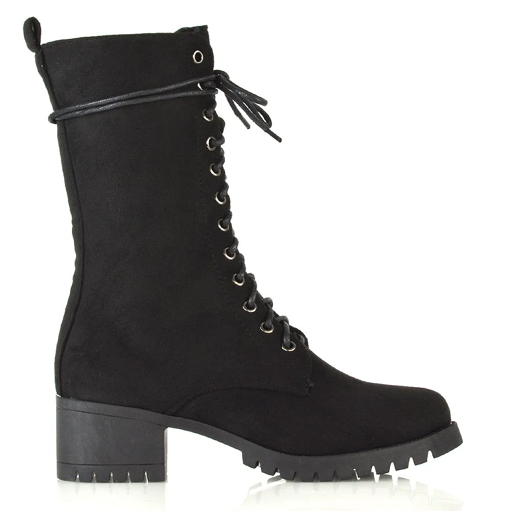 Jennifer Mid Calf Chunky Block Low Heel Lace Up Biker Boots in Black Synthetic Leather