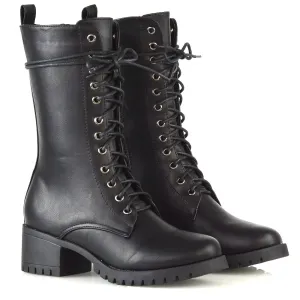 Jennifer Mid Calf Chunky Block Low Heel Lace Up Biker Boots in Black Synthetic Leather