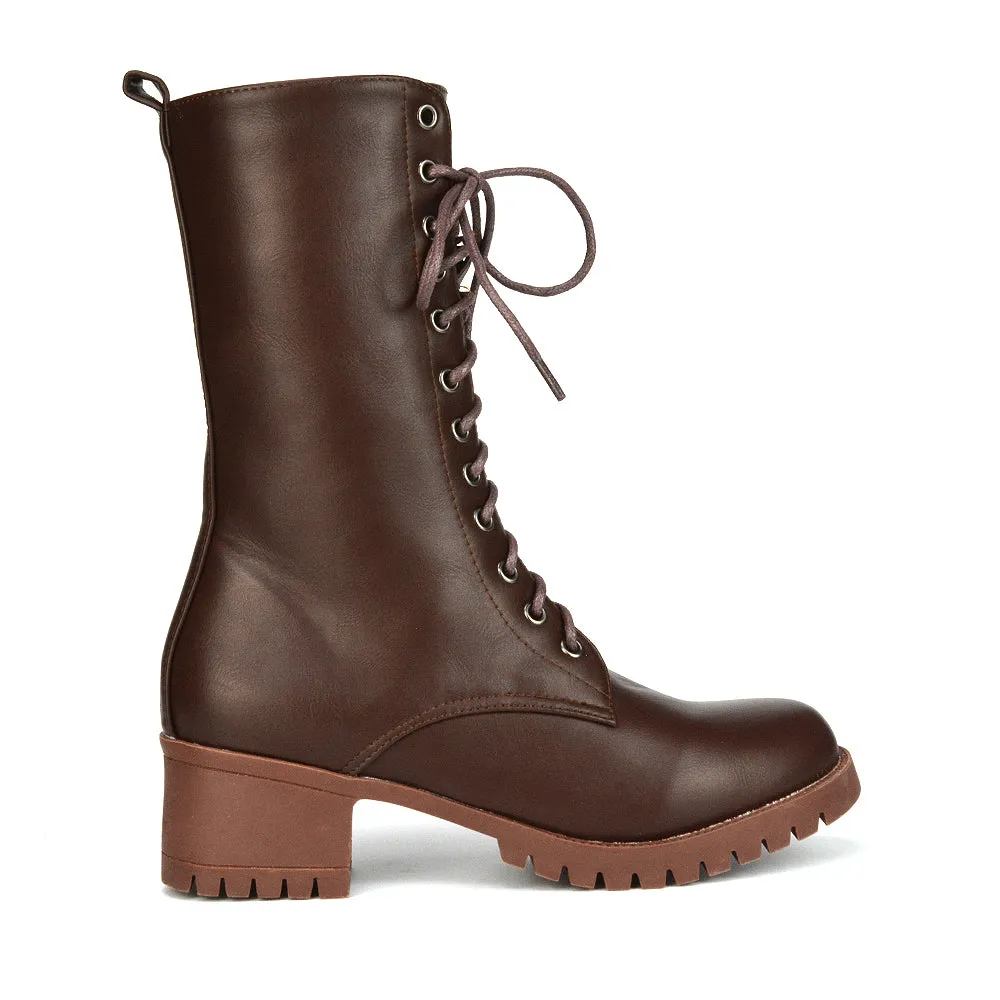 Jennifer Mid Calf Chunky Block Low Heel Lace Up Biker Boots in Black Synthetic Leather