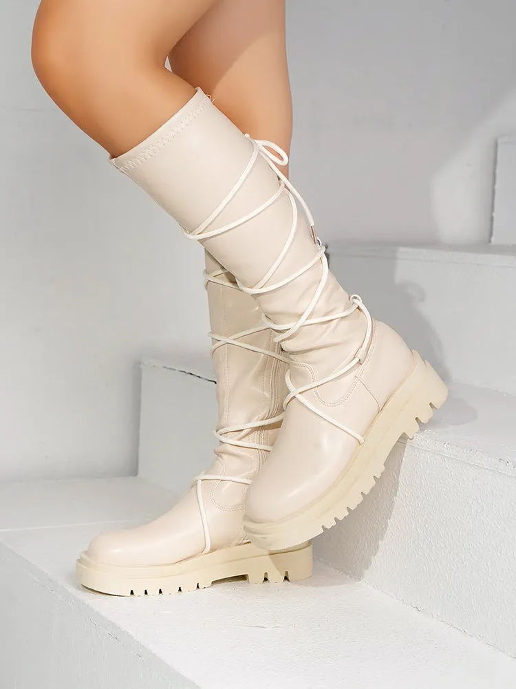 Lace PU Leather Flat Boots