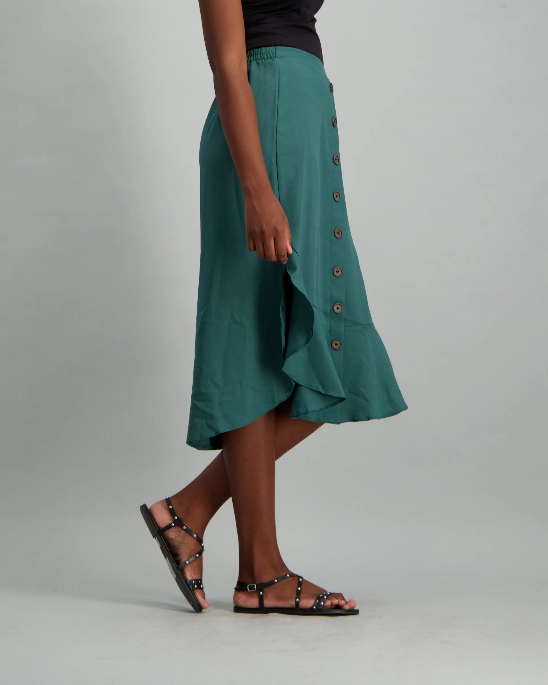 Ladies Buttoned Side Flare Detail Skirt - Sage