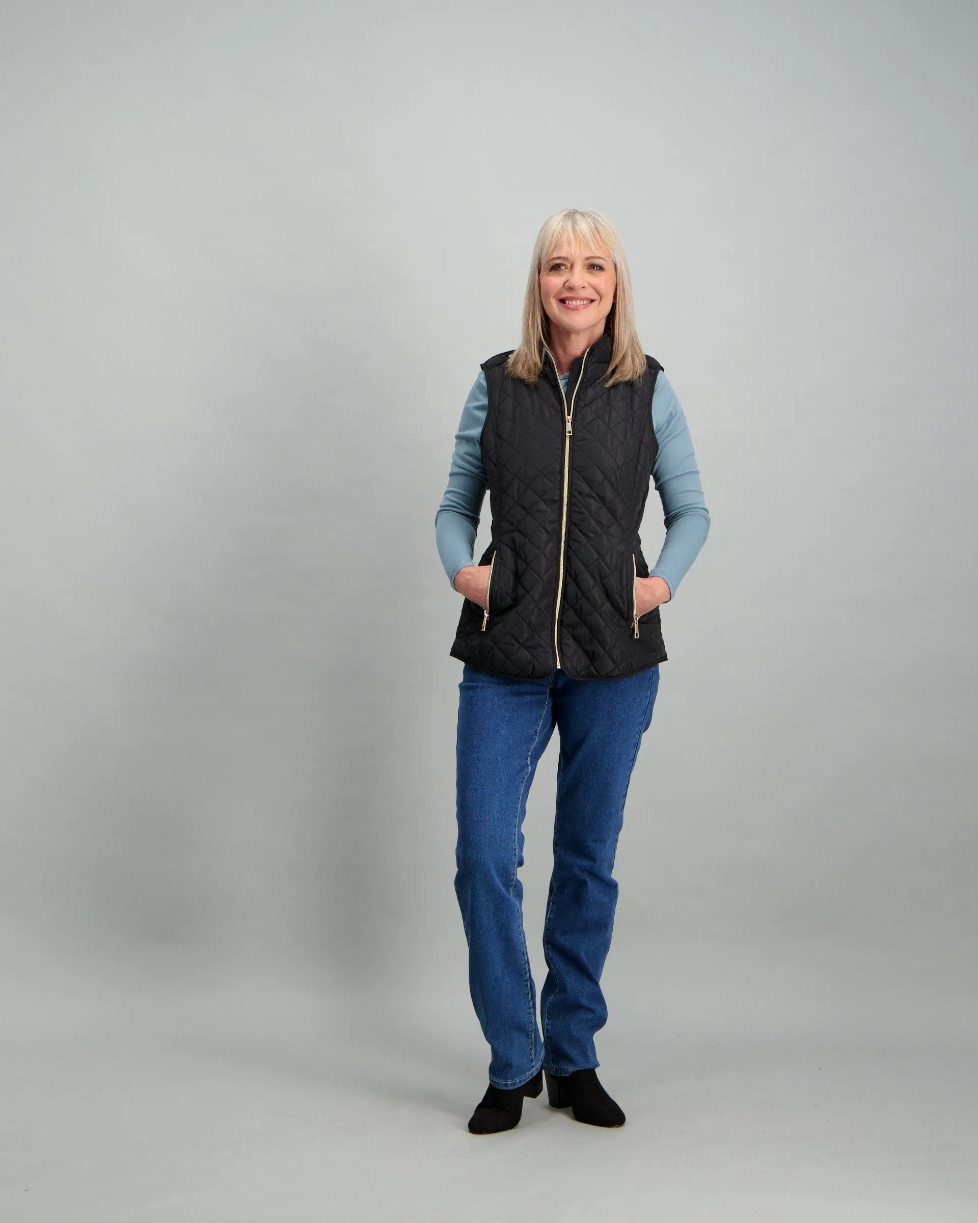 Ladies Mid-Blue Straight Leg Denim Jean with Studs on Pocket