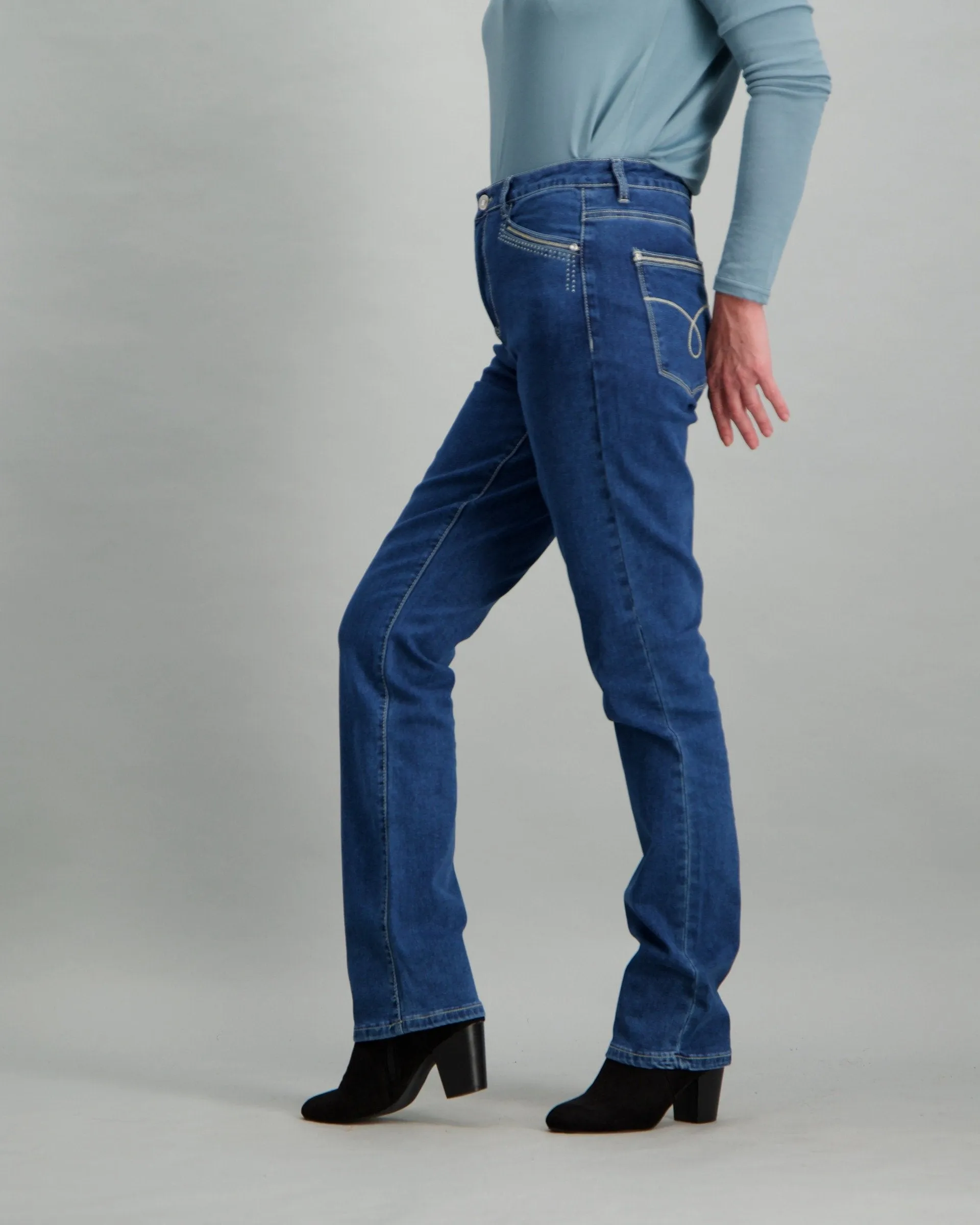Ladies Mid-Blue Straight Leg Denim Jean with Studs on Pocket