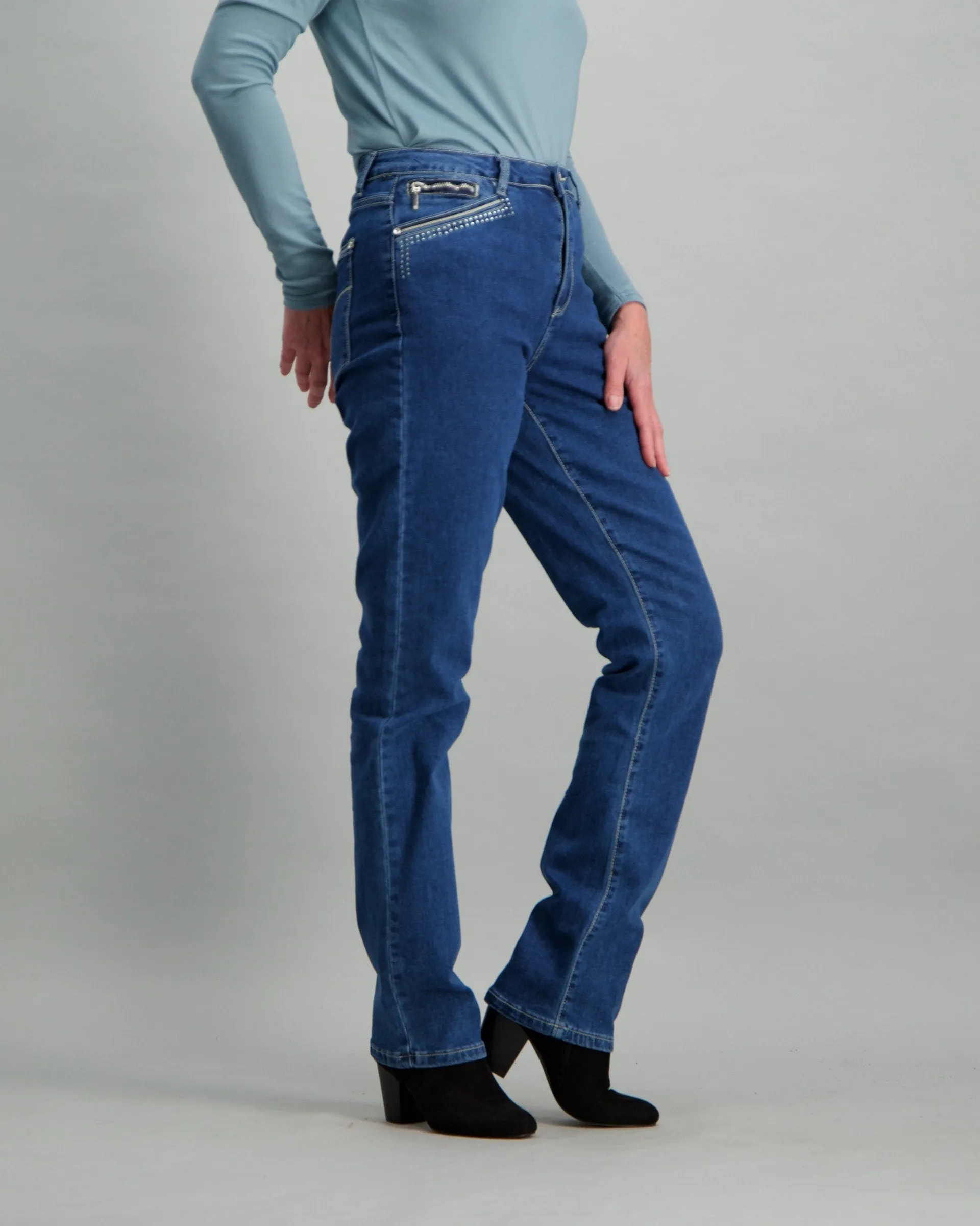 Ladies Mid-Blue Straight Leg Denim Jean with Studs on Pocket