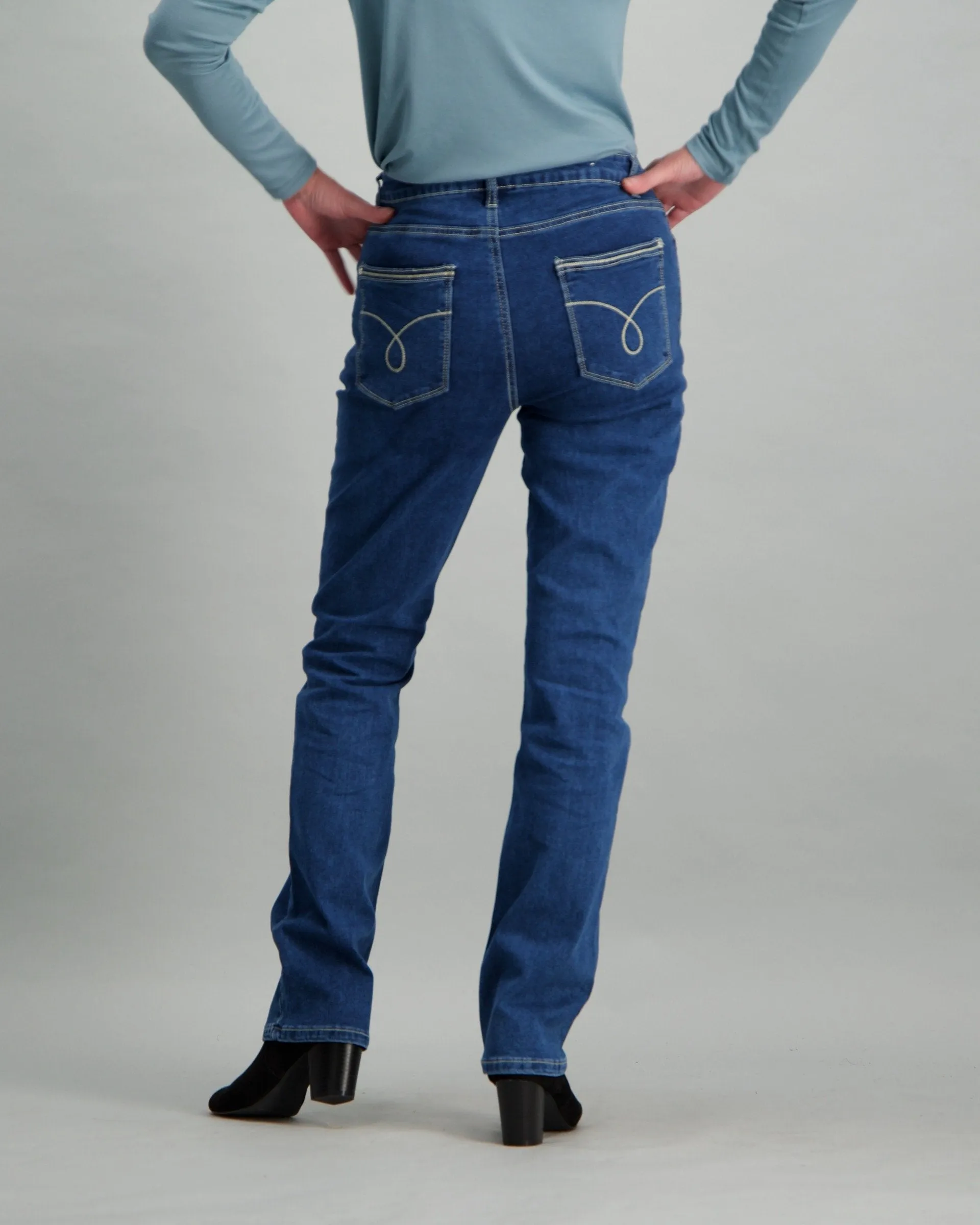 Ladies Mid-Blue Straight Leg Denim Jean with Studs on Pocket