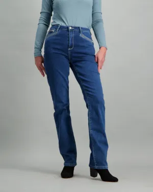 Ladies Mid-Blue Straight Leg Denim Jean with Studs on Pocket