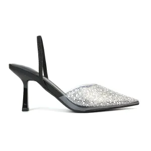 Leonie Stiletto Sparkly High Heel Rhinestone Sling Back Strappy Court Shoes in Black