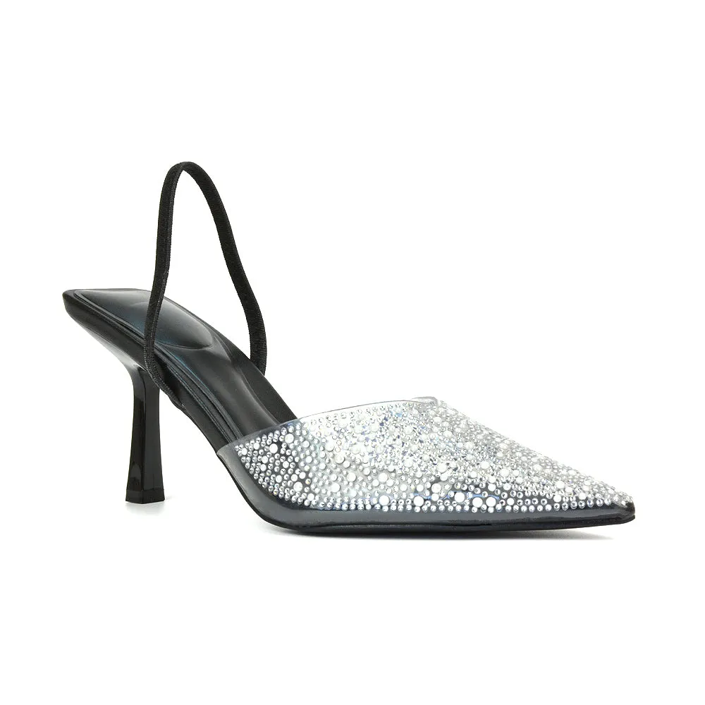 Leonie Stiletto Sparkly High Heel Rhinestone Sling Back Strappy Court Shoes in Black