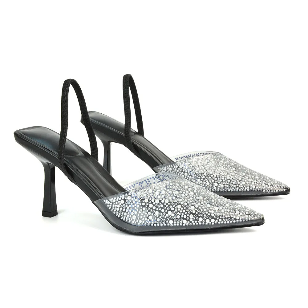 Leonie Stiletto Sparkly High Heel Rhinestone Sling Back Strappy Court Shoes in Black
