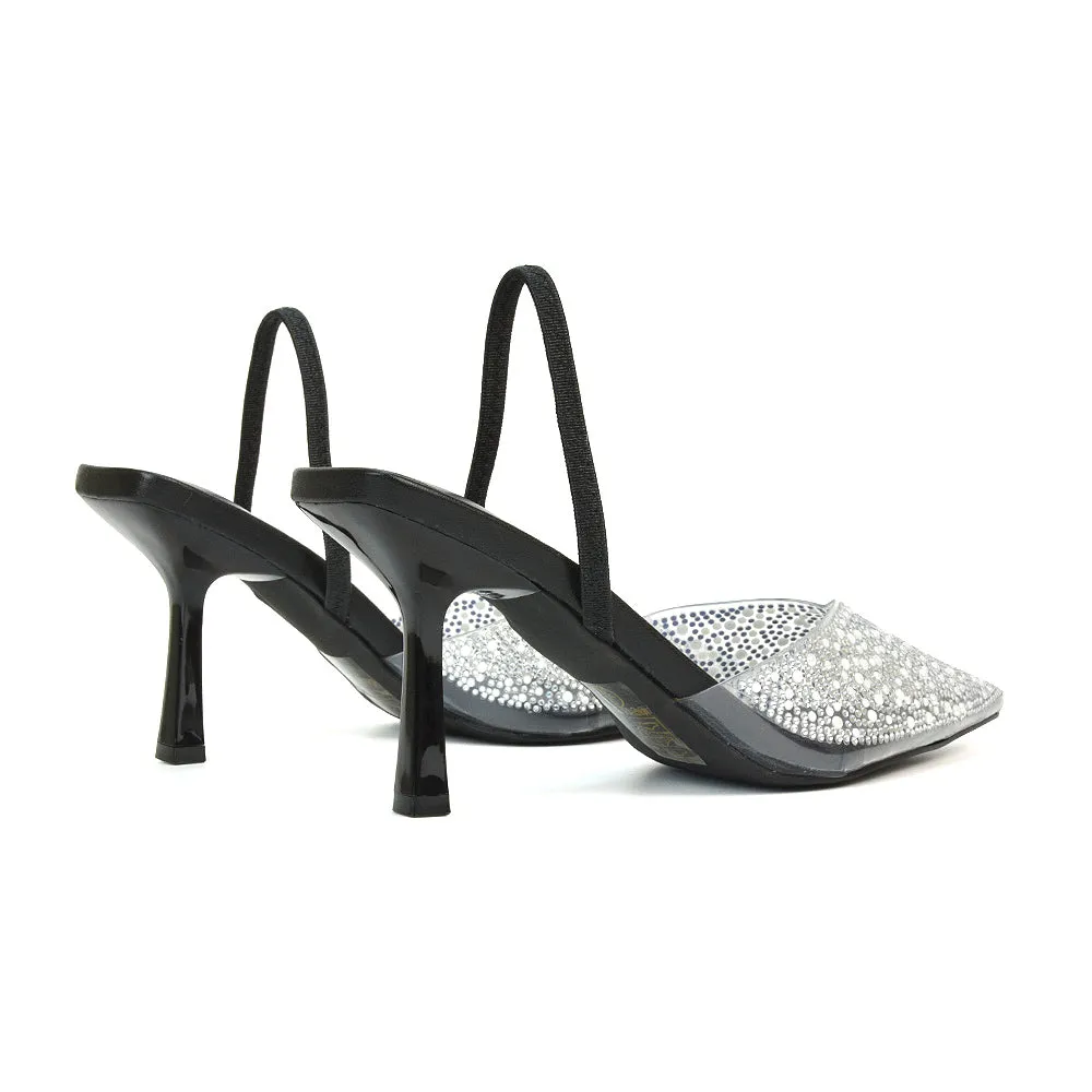 Leonie Stiletto Sparkly High Heel Rhinestone Sling Back Strappy Court Shoes in Black