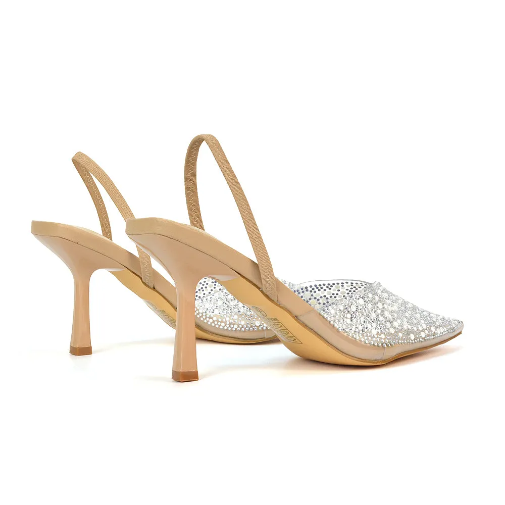 Leonie Stiletto Sparkly High Heel Rhinestone Sling Back Strappy Court Shoes in Black