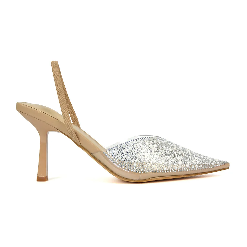 Leonie Stiletto Sparkly High Heel Rhinestone Sling Back Strappy Court Shoes in Black