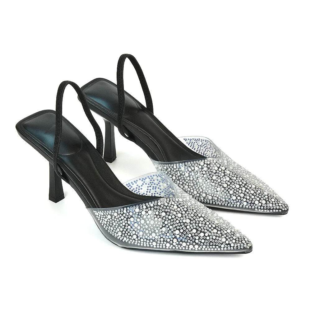 Leonie Stiletto Sparkly High Heel Rhinestone Sling Back Strappy Court Shoes in Black