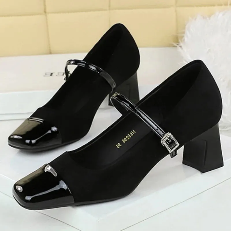 Leopard Print Women Pumps Suede Middle Heel Shoes Sexy Mary Jane Shoes Rhinestone Buckle Ladies Shoe Square Head
