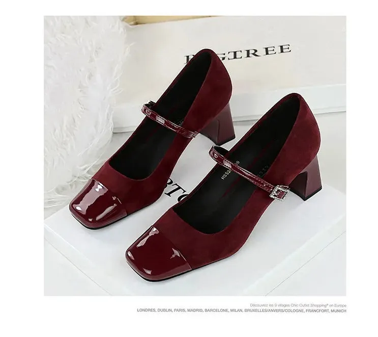Leopard Print Women Pumps Suede Middle Heel Shoes Sexy Mary Jane Shoes Rhinestone Buckle Ladies Shoe Square Head