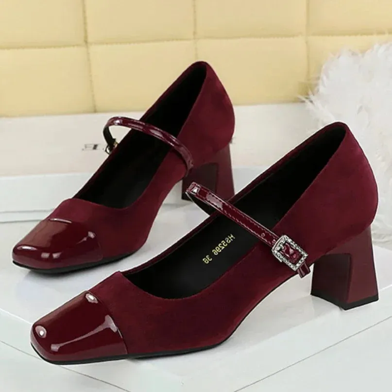 Leopard Print Women Pumps Suede Middle Heel Shoes Sexy Mary Jane Shoes Rhinestone Buckle Ladies Shoe Square Head