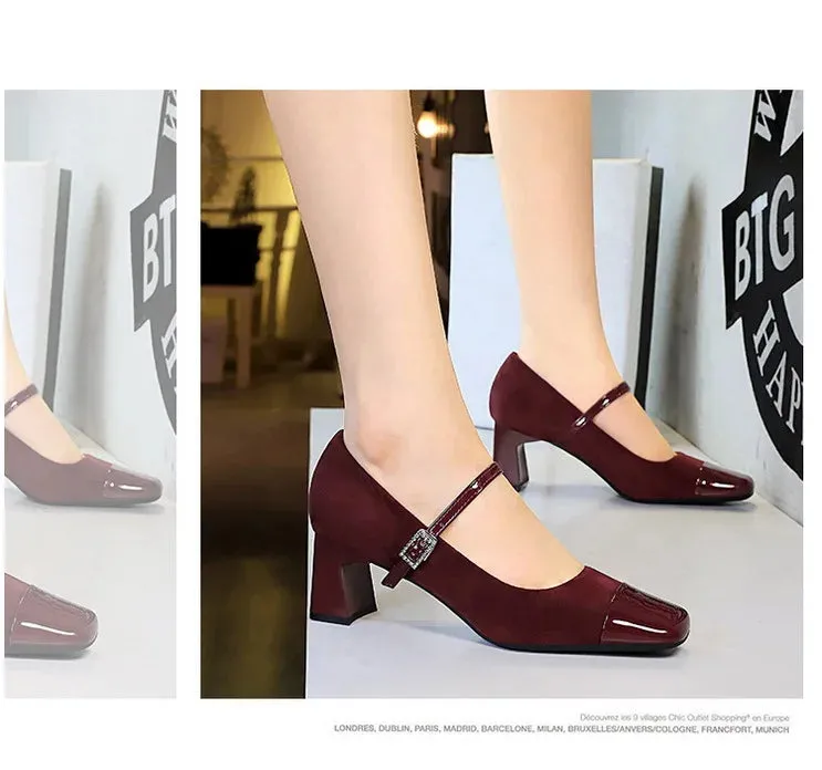 Leopard Print Women Pumps Suede Middle Heel Shoes Sexy Mary Jane Shoes Rhinestone Buckle Ladies Shoe Square Head