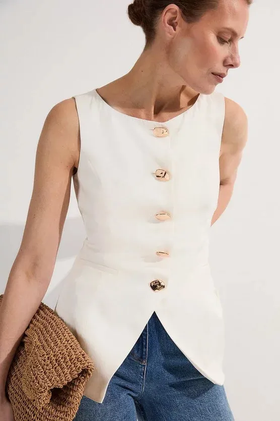 Linen Viscose Tailored Statement Button Front Waistcoat