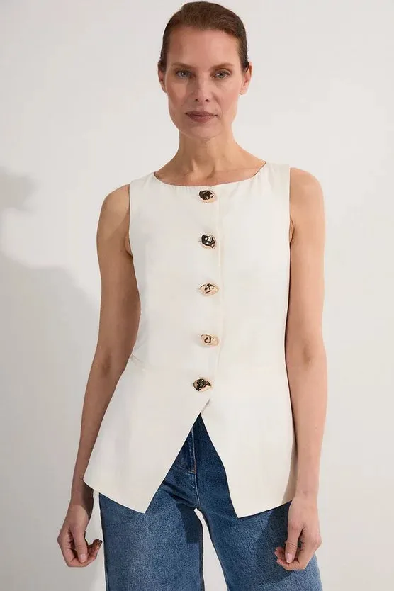 Linen Viscose Tailored Statement Button Front Waistcoat