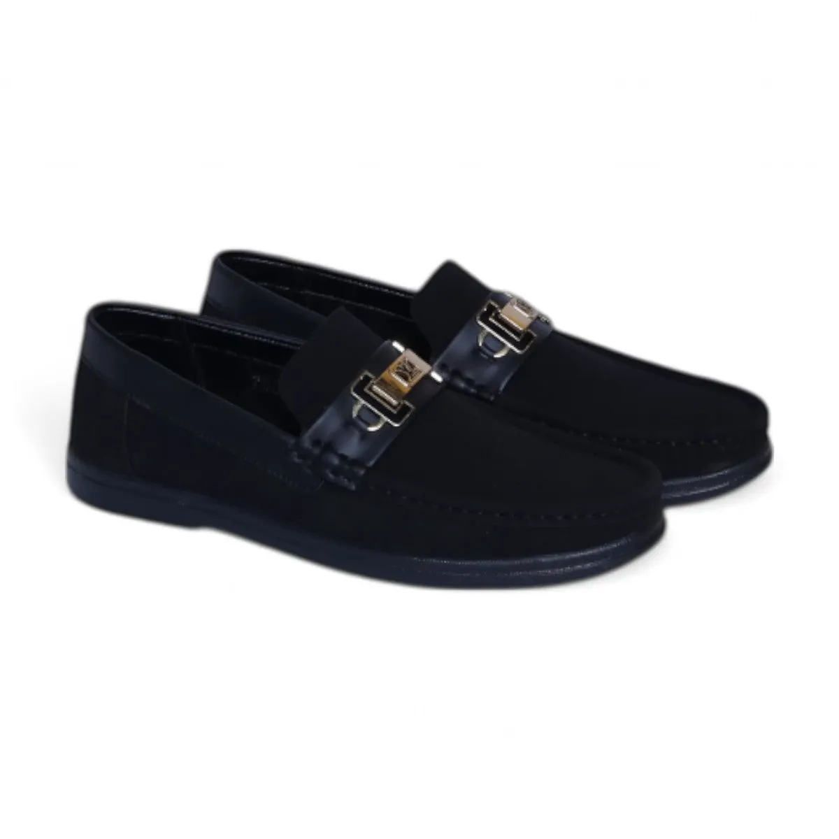 Luxury Black Suede Loafers – Gold & Black Metal Buckle