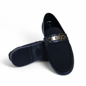 Luxury Black Suede Loafers – Gold & Black Metal Buckle