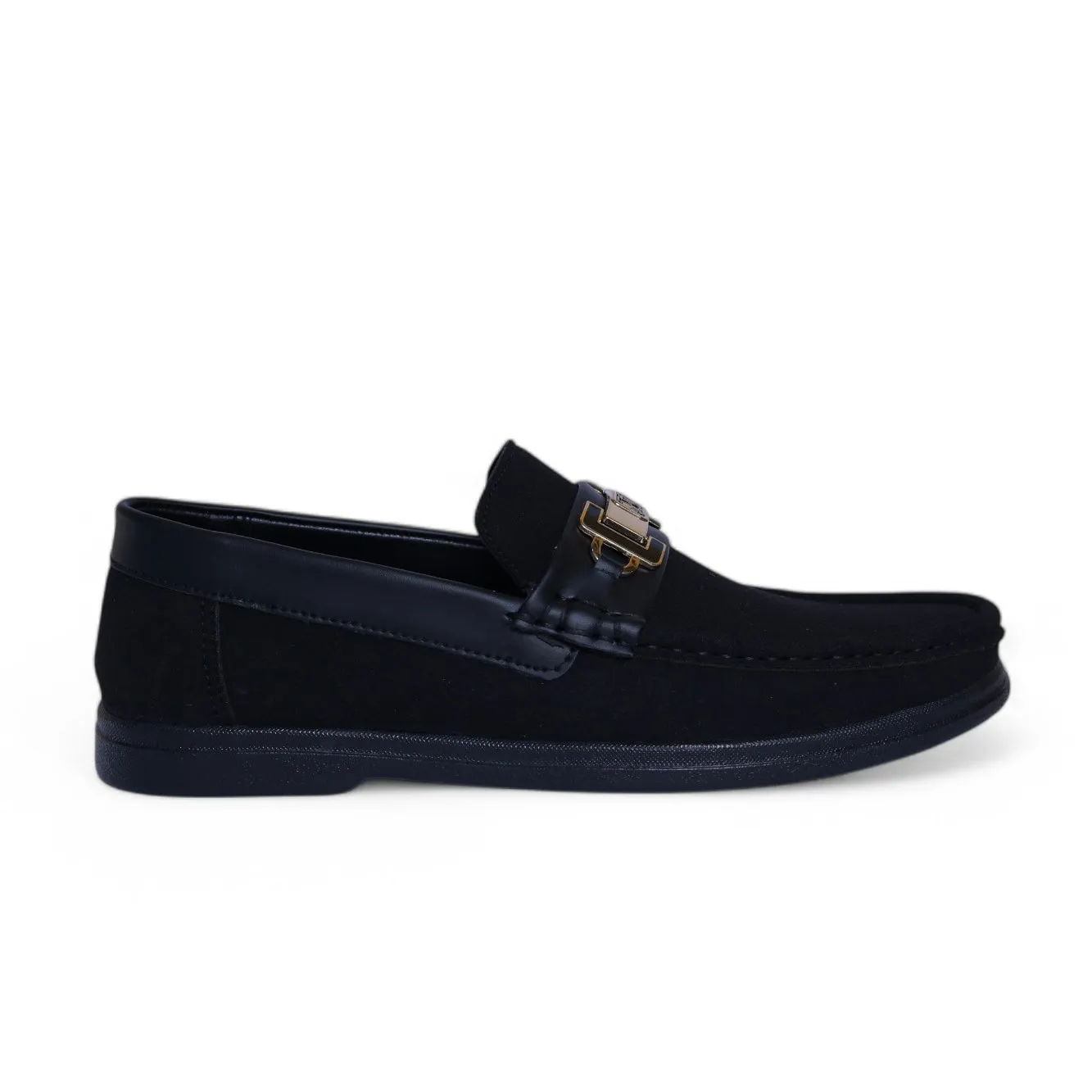 Luxury Black Suede Loafers – Gold & Black Metal Buckle