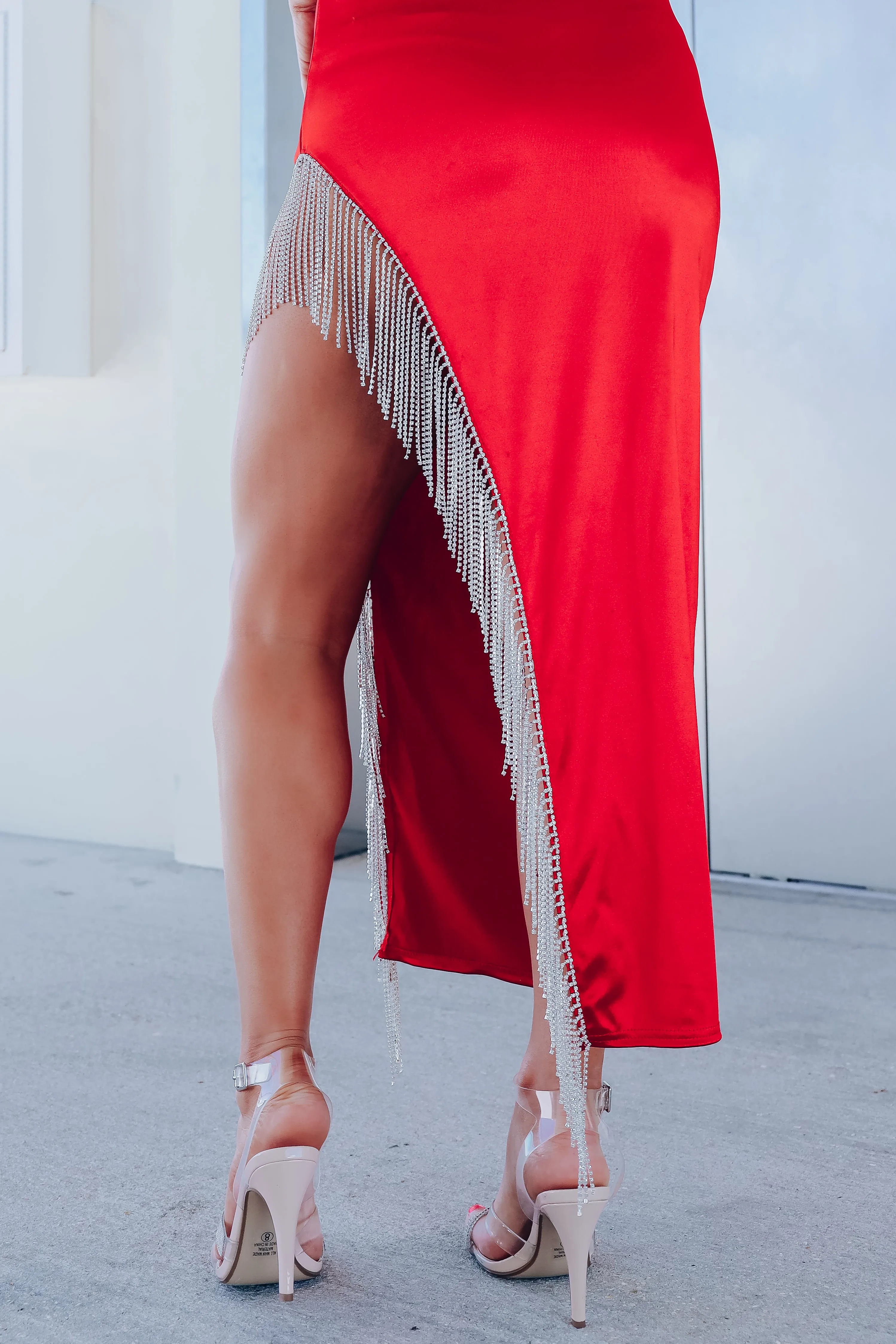 Magically Stunning Rhinestone Slit Maxi Dress - Red