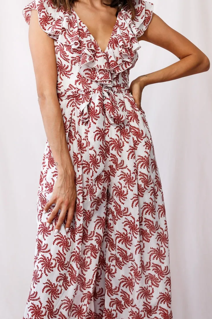 Marcia Ruffle Strap Wide Leg Jumpsuit Floral Print Beige