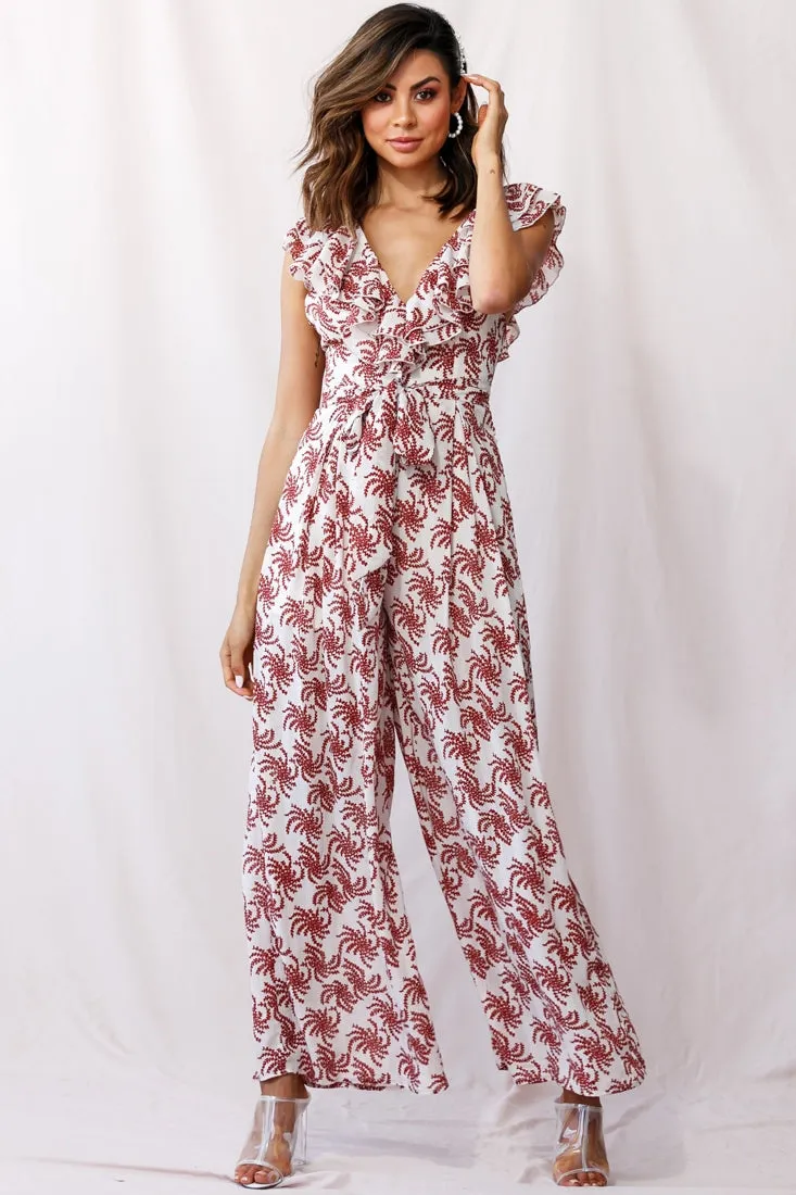 Marcia Ruffle Strap Wide Leg Jumpsuit Floral Print Beige